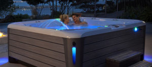 lighted hot-tub at night