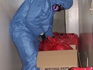 man in protective suit